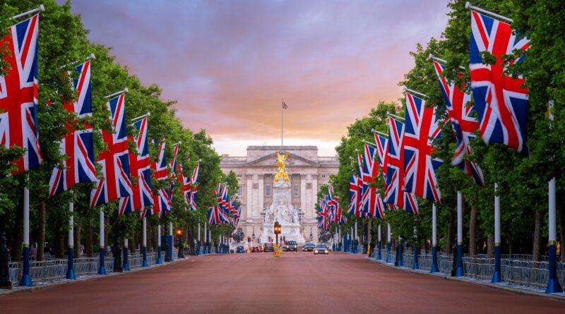 Buckingham Palace, The Mall, Union Flags, London, England