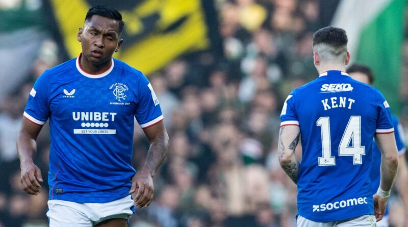 GLASGOW, SCOTLAND - FEBRUARY 26: Rangers' Alfredo Morelos (L) and Ryan Kent during the Viaplay Cup final between Rangers and Celtic at Hampden Park, on February 26, 2023, in Glasgow, Scotland.  (Photo by Alan Harvey / SNS Group)