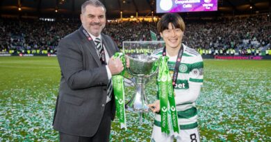 GLASGOW, SCOTLAND - FEBRUARY 26: Celtic manager Ange Postecoglou (L) and Kyogo Furuhashi with the trophy during the Viaplay Cup final between Rangers and Celtic at Hampden Park, on February 26, 2023, in Glasgow, Scotland.  (Photo by Alan Harvey / SNS Group)