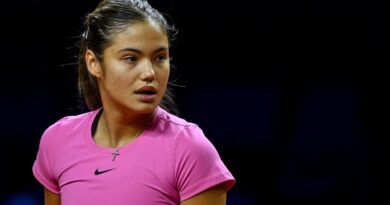 Emma Raducanu of Great Britain in action in the match against Jelena Ostapenko of Latvia during day four of the Porsche Tennis Grand Prix Stuttgart 2023 at Porsche Arena on April 18, 2023 in Stuttgart, Germany. (Photo by DeFodi Images/DeFodi Images via Getty Images)