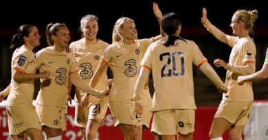 Chelsea's Pernille Harder celebrates scoring the second goal against West Ham in the WSL