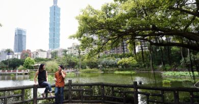 Chinese man and woman talking in a park