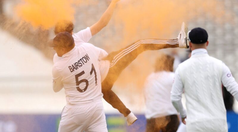 Jonny Bairstow tackles a "Just Stop Oil" protestor at Lord's