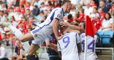 OSLO, NORWAY - JUNE 17: Scotland players celebrate with Kenny McLean after he makes it 2-1 during a UEFA Euro 2024 Qualifier match between Norway and Scotland at the Ullevaall Stadion, on June 17, 2023, in Oslo, Norway.  (Photo by Craig Williamson / SNS Group)