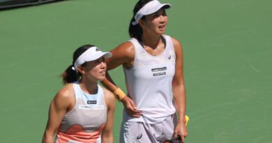 Miyu Kato (JPN) and Aldila Sutjiadi (INA) look across the court to their doubles opponents during the BNP Paribas Open on March 17, 2023 at the Indian Wells Tennis Garden in Indian Wells, CA. (Photo by George Walker/Icon Sportswire via Getty Images)