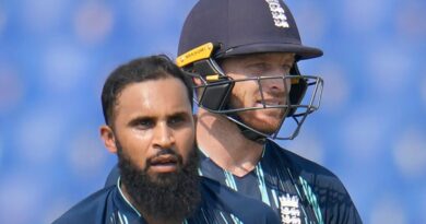 England's Adil Rashid, second right, celebrates with teammates the dismissal of Bangladesh's Mushfiqur Rahim during the third one day international cricket match between Bangladesh and England in Chattogram, Bangladesh, Monday, March 6, 2023. (AP Photo/Aijaz Rahi)