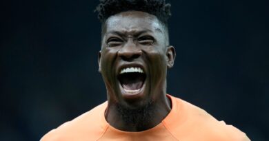 Inter Milan's goalkeeper Andre Onana celebrates after Inter Milan's Lautaro Martinez scored his side's opening goal during the Champions League semifinal second leg soccer match between Inter Milan and AC Milan at the San Siro stadium in Milan, Italy, Tuesday, May 16, 2023. (AP Photo/Antonio Calanni)