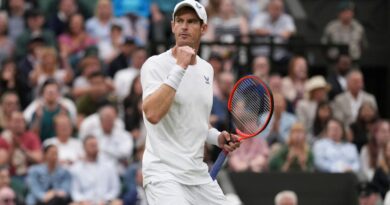 Britain's Andy Murray celebrates winning a point from Britain's Ryan Peniston during the first round men's singles match on day two of the Wimbledon tennis championships in London, Tuesday, July 4, 2023. (AP Photo/Alberto Pezzali)