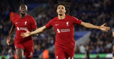 Trent Alexander-Arnold celebrates after scoring Liverpool's third goal against Leicester