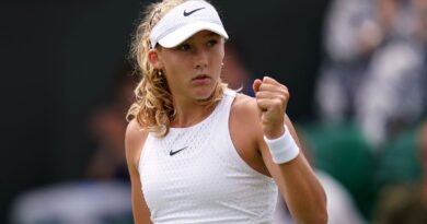 Mirra Andreeva in action against Anastasia Potapova (not pictured) on day seven of the 2023 Wimbledon Championships at the All England Lawn Tennis and Croquet Club in Wimbledon. Picture date: Sunday July 9, 2023.