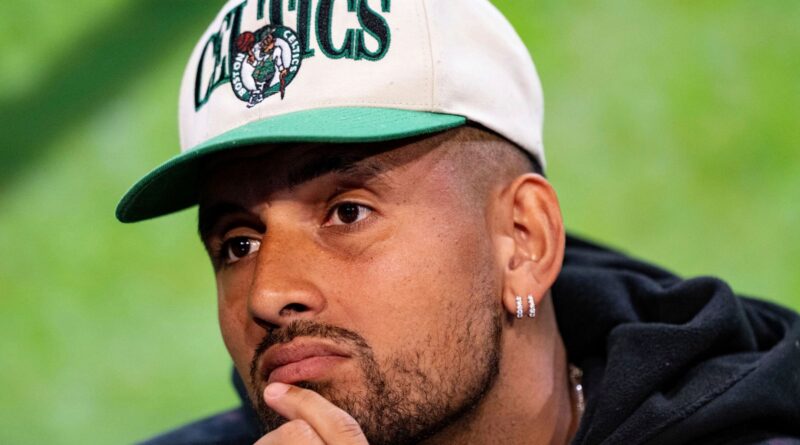 Australia's Nick Kyrgios gestures during a pre-tournament press conference, at the All England Lawn Tennis and Croquet Club, in Wimbledon, south west London, Sunday July 2, 2023, ahead of the Wimbledon tennis championships. (Florian Eisele/Pool Photo via AP)