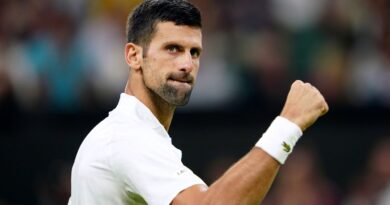 Novak Djokovic celebrates winning the opening set against Hubert Hurkacz on day seven of the 2023 Wimbledon Championships at the All England Lawn Tennis and Croquet Club in Wimbledon. Picture date: Sunday July 9, 2023.