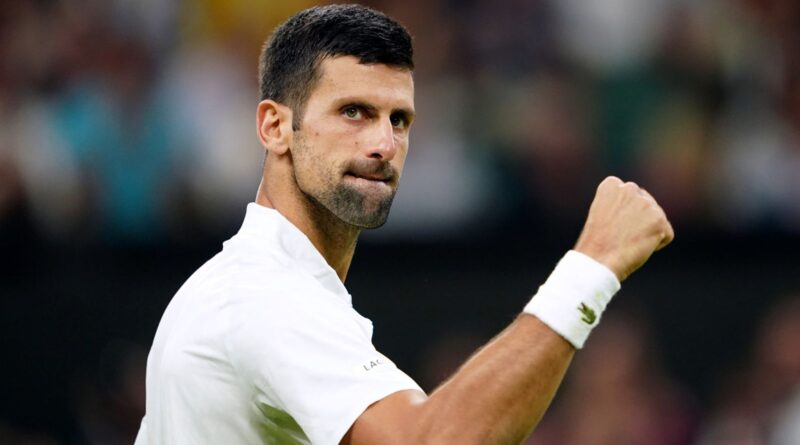 Novak Djokovic celebrates winning the opening set against Hubert Hurkacz on day seven of the 2023 Wimbledon Championships at the All England Lawn Tennis and Croquet Club in Wimbledon. Picture date: Sunday July 9, 2023.