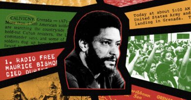 Photo illustration of former Grenadian prime minister Maurice Bishop surrounded by miscellaneous photos and news clippings.