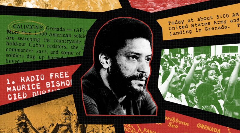 Photo illustration of former Grenadian prime minister Maurice Bishop surrounded by miscellaneous photos and news clippings.