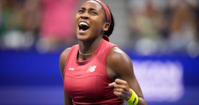 Coco Gauff, of the United States, reacts during a match against Aryna Sabalenka, of Belarus, during the women's singles final of the U.S. Open tennis championships, Saturday, Sept. 9, 2023, in New York. (AP Photo/Charles Krupa)