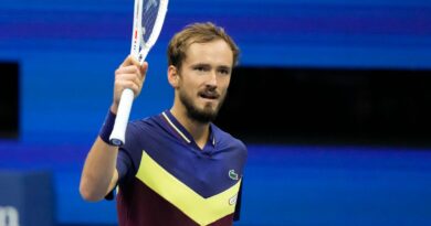 Daniil Medvedev, of Russia, reacts during a match against Novak Djokovic, of Serbia, during the men's singles final of the U.S. Open tennis championships, Sunday, Sept. 10, 2023, in New York. (AP Photo/Mary Altaffer)