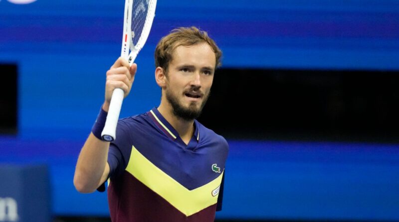 Daniil Medvedev, of Russia, reacts during a match against Novak Djokovic, of Serbia, during the men's singles final of the U.S. Open tennis championships, Sunday, Sept. 10, 2023, in New York. (AP Photo/Mary Altaffer)