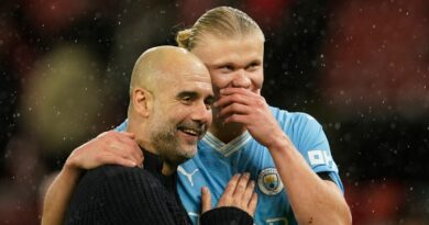 Manchester City's head coach Pep Guardiola talks to Manchester City's Erling Haaland after the English Premier League soccer match between Manchester United and Manchester City at Old Trafford stadium in Manchester, England, Sunday, Oct. 29, 2023. (AP Photo/Dave Thompson)