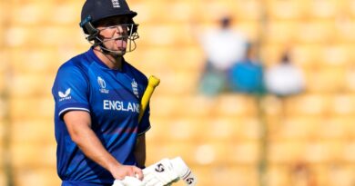 England's Liam Livingstone leaves the ground after losing his wicket during the ICC Men's Cricket World Cup match between England and Sri Lanka in Bengaluru, India, Thursday, Oct. 26, 2023. (AP Photo/Aijaz Rahi)