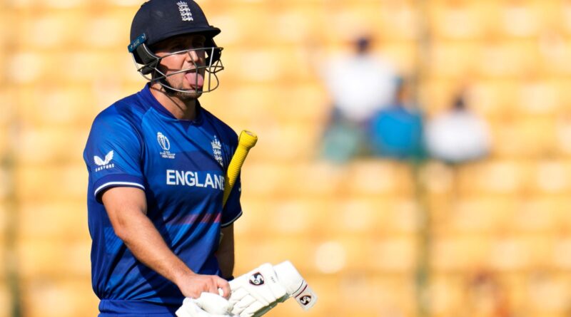 England's Liam Livingstone leaves the ground after losing his wicket during the ICC Men's Cricket World Cup match between England and Sri Lanka in Bengaluru, India, Thursday, Oct. 26, 2023. (AP Photo/Aijaz Rahi)