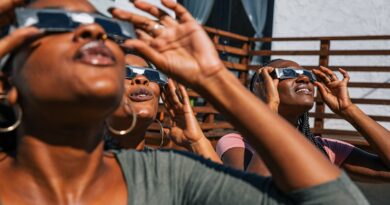 Women friends at home enjoying solar eclipse looking at the sun with eclipse sunglasses