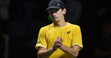 Australia's Alex de Minaur applauds after beating Finland's Emil Ruusuvuori during the second men's singles semifinal tennis match between Finland and Australia of the Davis Cup tennis tournament at the Martin Carpena sportshall, in Malaga on November 24, 2023. (Photo by JORGE GUERRERO / AFP) (Photo by JORGE GUERRERO/AFP via Getty Images)