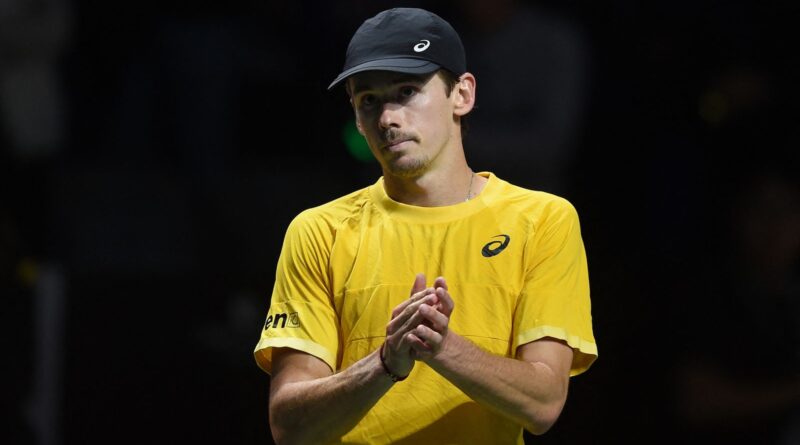 Australia's Alex de Minaur applauds after beating Finland's Emil Ruusuvuori during the second men's singles semifinal tennis match between Finland and Australia of the Davis Cup tennis tournament at the Martin Carpena sportshall, in Malaga on November 24, 2023. (Photo by JORGE GUERRERO / AFP) (Photo by JORGE GUERRERO/AFP via Getty Images)