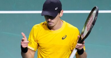 Australia's Alex De Minaur celebrates after defeating Jiri Lehecka of the Czech Republic during a Davis Cup quarter-final tennis match between Australia and Czech Republic in Malaga, Spain, Wednesday, Nov. 22, 2023. (AP Photo/Manu Fernandez)