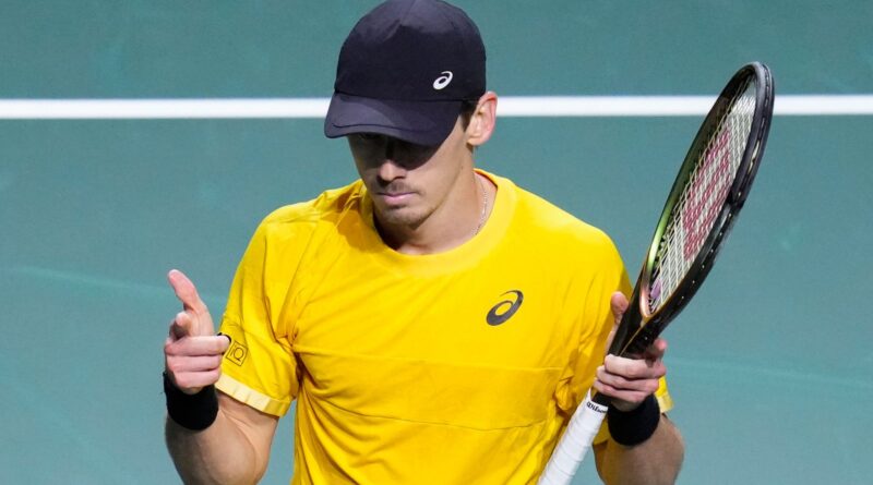 Australia's Alex De Minaur celebrates after defeating Jiri Lehecka of the Czech Republic during a Davis Cup quarter-final tennis match between Australia and Czech Republic in Malaga, Spain, Wednesday, Nov. 22, 2023. (AP Photo/Manu Fernandez)