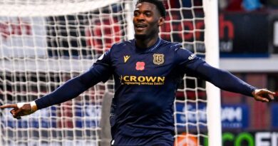 DUNDEE, SCOTLAND - NOVEMBER 11: Dundee's Amadou Bakayoko celebrates scoring to make it 3-0 during a cinch Premiership match between Dundee and St Mirren at the Scot Foam Stadium at Dens Park, on November 11, 2023, in Dundee, Scotland. (Photo by Rob Casey / SNS Group)