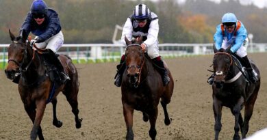 Ask Her Out ridden by jockey Tabitha Worsley (left) on their way to winning the Weatherbys & Birdie Calendars Open National Hunt Flat at Lingfield