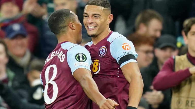 Diego Carlos is congratulated on Aston Villa's first goal against AZ Alkmaar