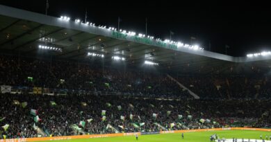 GLASGOW, SCOTLAND - OCTOBER 25: A general view of Celtic Park as the fans hold up Palestine flags during a UEFA Champions League match between Celtic and Atletico de Madrid at Celtic Park, on October 25, 2023, in Glasgow, Scotland. (Photo by Paul Devlin / SNS Group)