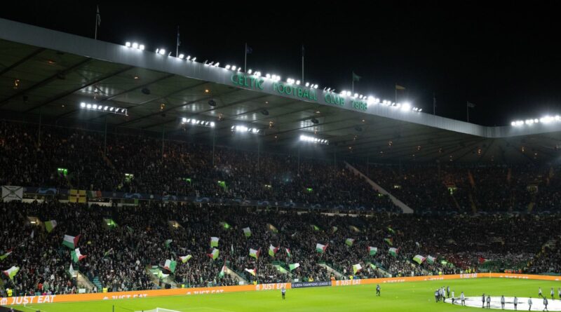 GLASGOW, SCOTLAND - OCTOBER 25: A general view of Celtic Park as the fans hold up Palestine flags during a UEFA Champions League match between Celtic and Atletico de Madrid at Celtic Park, on October 25, 2023, in Glasgow, Scotland. (Photo by Paul Devlin / SNS Group)