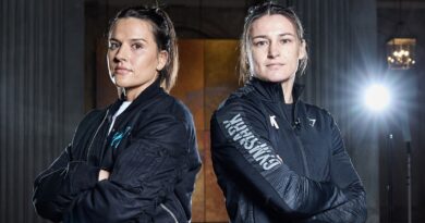 Dublin, Ireland - November 21: Chantelle Cameron and Katie Taylor Face Off for the 1st time in fight week ahead of their Undisputed Super-Lightweight World Title Fight on saturday night..21 November 2023.Picture By Mark Robinson Matchroom Boxing.