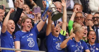 Millie Bright and Magda Eriksson lift the Women's FA Cup trophy at Wembley