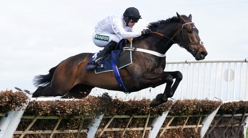 Constitution Hill and Nico De Boinville jump the last in the Aintree Hurdle