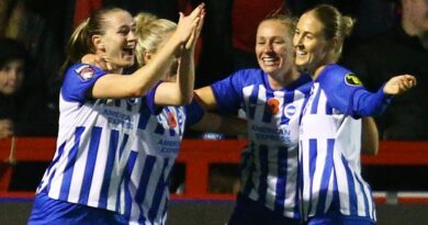 Elisabeth Terland celebrates with Brighton team-mates after scoring vs Man Utd