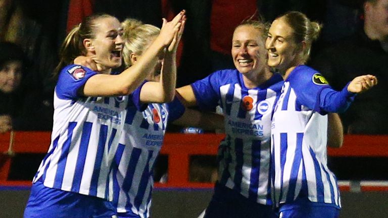 Elisabeth Terland celebrates with Brighton team-mates after scoring vs Man Utd