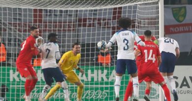 North Macedonia's Jani Atanasov, second from right, scores an own goal during the Euro 2024 group C qualifying soccer match between North Macedonia and England at National Arena Todor Proeski in Skopje, North Macedonia, Monday, Nov. 20, 2023. (AP Photo/Boris Grdanoski)