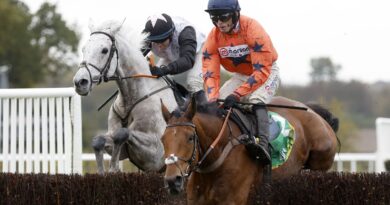 Gentlemansgame ridden by Darragh O'Keeffe (left) wins the bet365 Charlie Hall Chase at Wetherby after Bravemansgame makes error at the last