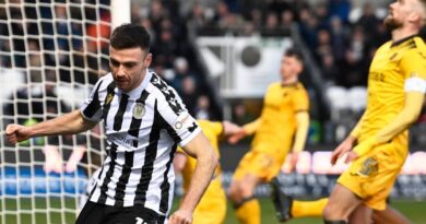 PAISLEY, SCOTLAND - NOVEMBER 25: St Mirren's Greg Kiltie celebrates after Sean Kelly scores an own goal to put St Mirren 1-0 up during a cinch Premiership match between St Mirren and Livingston at the SMiSA Stadium, on November 25, 2023,  in Paisley, Scotland. (Photo by Rob Casey / SNS Group)