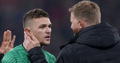 A dejected Kieran Trippier of Newcastle United is consoled by manager Eddie Howe after an altercation with a fan after the Premier League match at the Vitality Stadium, Bournemouth. Picture date: Saturday November 11, 2023.