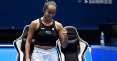 Canada's Leylah Fernandez reacts to beating Spain's Sara Sorribes Tormo during the group stage group C singles tennis match between Spain and Canada on the day 2 of the Billie Jean King Cup Finals 2023 in La Cartuja stadium in Seville on November 8, 2023. (Photo by CRISTINA QUICLER / AFP) (Photo by CRISTINA QUICLER/AFP via Getty Images)