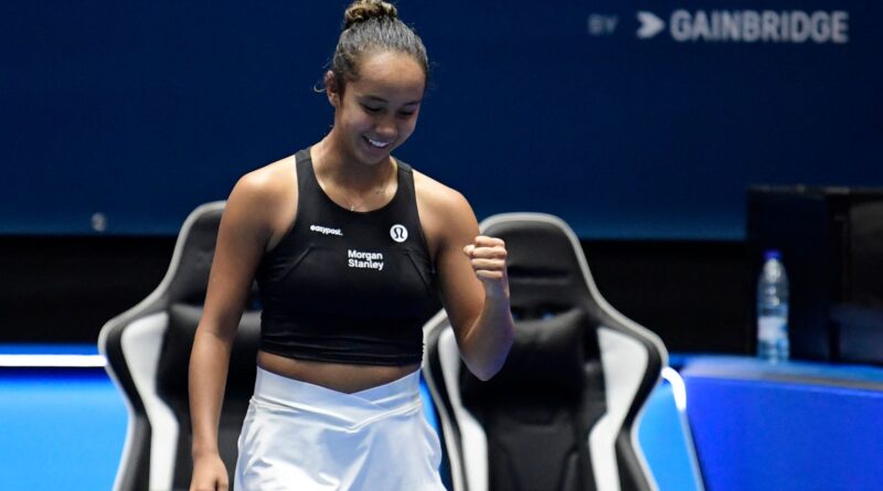 Canada's Leylah Fernandez reacts to beating Spain's Sara Sorribes Tormo during the group stage group C singles tennis match between Spain and Canada on the day 2 of the Billie Jean King Cup Finals 2023 in La Cartuja stadium in Seville on November 8, 2023. (Photo by CRISTINA QUICLER / AFP) (Photo by CRISTINA QUICLER/AFP via Getty Images)