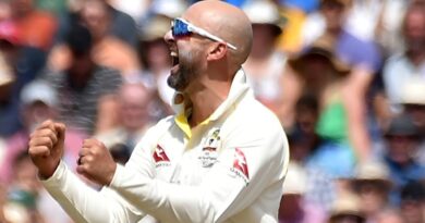 Australia's Nathan Lyon reacts after dismissing England's Harry Brook during day four of the first Ashes Test cricket match, at Edgbaston, Birmingham, England, Monday, June 19 2023. (AP Photo/Rui Vieira)