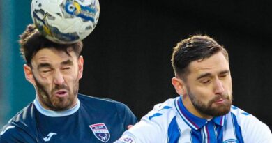 DINGWALL, SCOTLAND - NOVEMBER 25: Ross County's Will Nightingale (L) and Kilmarnock's Robbie Deas in action during a cinch Premiership match between Ross County and Kilmarnock at the Global Energy Stadium, on November 25, 2023,  in Dingwall, Scotland. (Photo by Mark Scates / SNS Group)