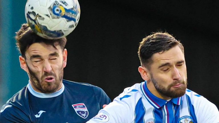 DINGWALL, SCOTLAND - NOVEMBER 25: Ross County's Will Nightingale (L) and Kilmarnock's Robbie Deas in action during a cinch Premiership match between Ross County and Kilmarnock at the Global Energy Stadium, on November 25, 2023,  in Dingwall, Scotland. (Photo by Mark Scates / SNS Group)