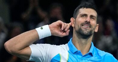 Serbia's Novak Djokovic celebrates after defeating Russia's Andrej Rublev during the semi-finals of the Paris Masters